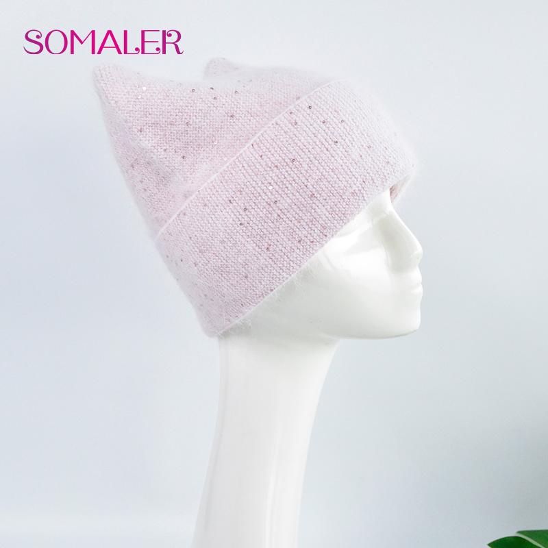 SOMALER Women's Autumn Winter Angora Knit Warm Hat with Brim and Sequin Decoration Cute Cat Design Beanie 54-58cm