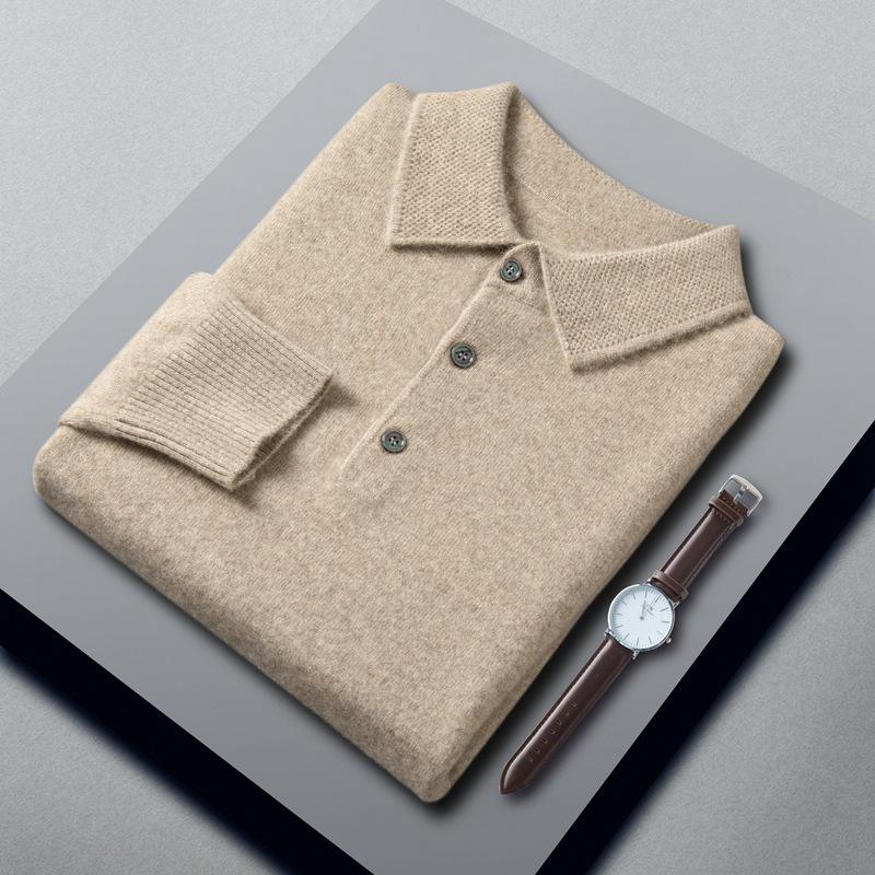 Herren Wollkaschmirpullover - Langarm Umlegekragen Polopullover für Herbst/Winter