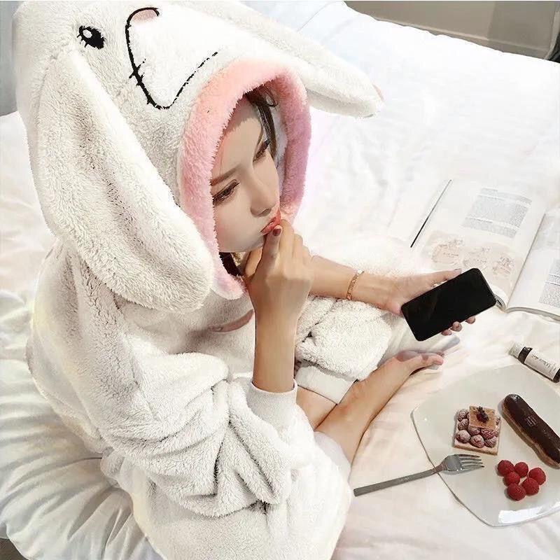

Осенне-зимний теплый пижамный комплект, повседневная домашняя пижама, утолщенный фланелевый бархат, мультяшный кролик, с капюшоном, свободные пижамные комплекты L