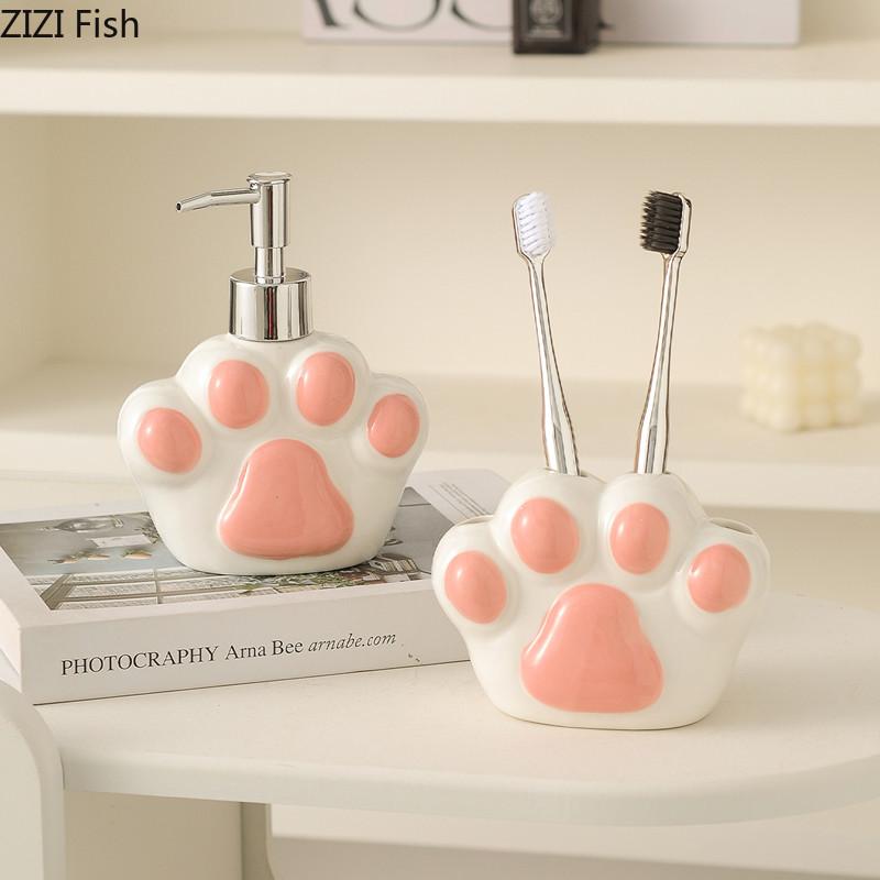 Dozator de Săpun cu Gheare de Pisică Drăguț Hotel Ceramic Sticlă pentru Spălarea Mâinilor Suport pentru Periuțe de Dinți Farfurie pentru Săpun Accesorii Consumabile pentru Baie Acasă