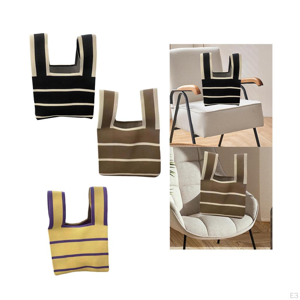 Striped Contrast Bag Knitted 20cm X 35cm Versatile Portable Stylish Polyester Travel Party Tote