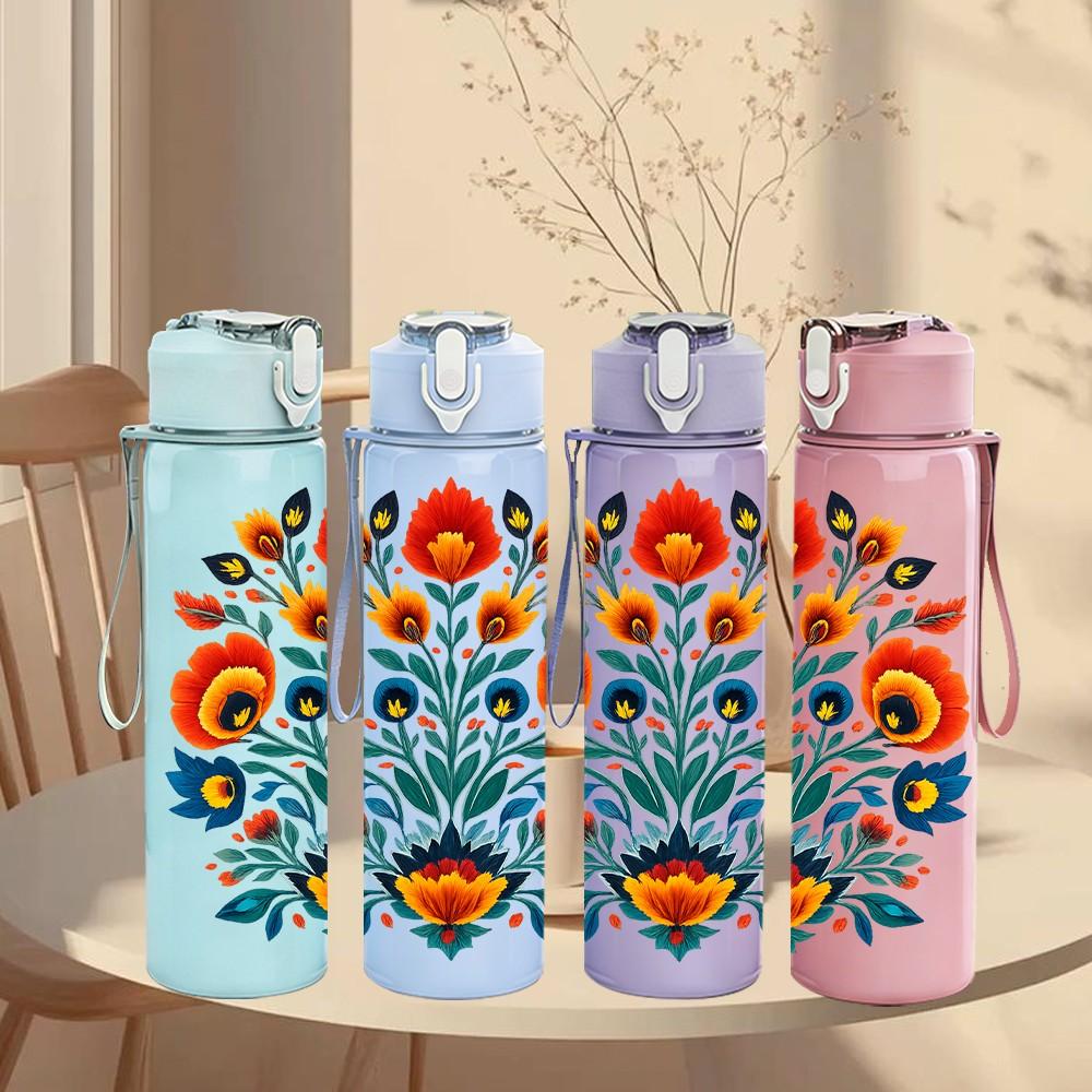 1PC Multi Color Folk Flower 750ml Color Plastic Sports Water Bottle Leakproof Flip Straw Lid Suitable for Sports Office Home Use