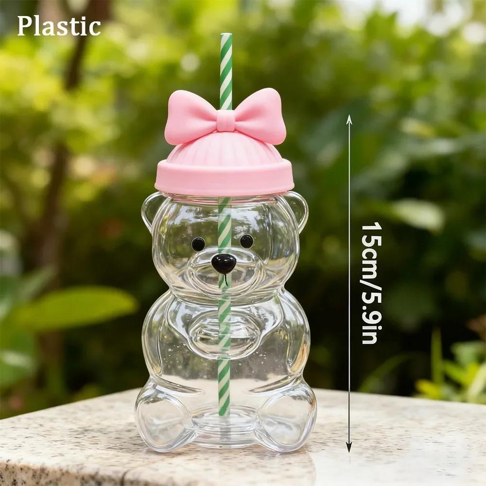 Cute 2025 Bear Plastic Cup with Lid Large Capacity Glass Cup with Straw Transparent Teddy Bear Plastic Cup Parties