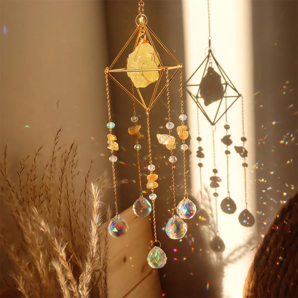 Crystal Wind Chime Star Moon Sun Catchers Windchimes Plated Colorful Beads Hanging Drop for Outdoor Indoor Garden Decor Craft