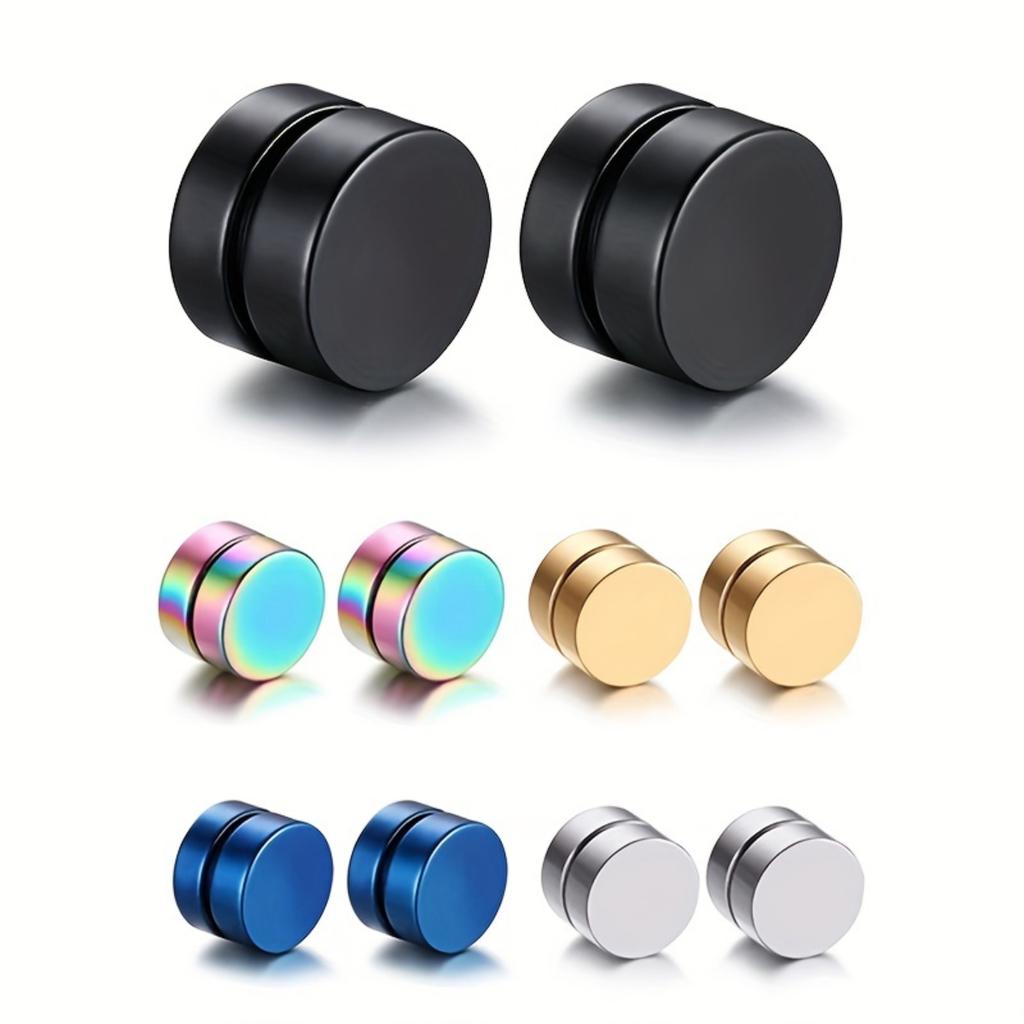 2 Pairs Stainless Steel Magnetic Fake Gauge Earrings 6-10mm Non Pierced Studs for Men and Women