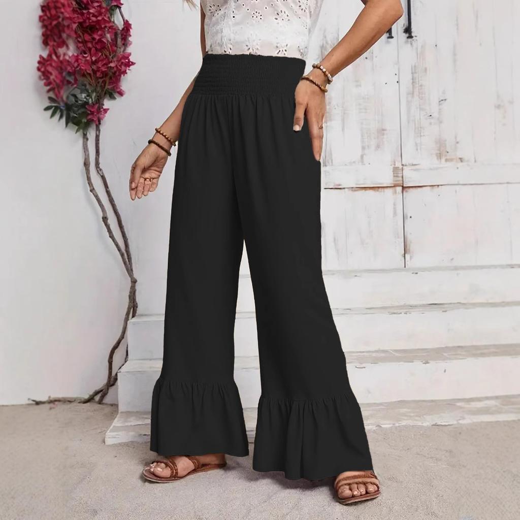 Women's solid color bell-bottom pants high-waist loose casual pants