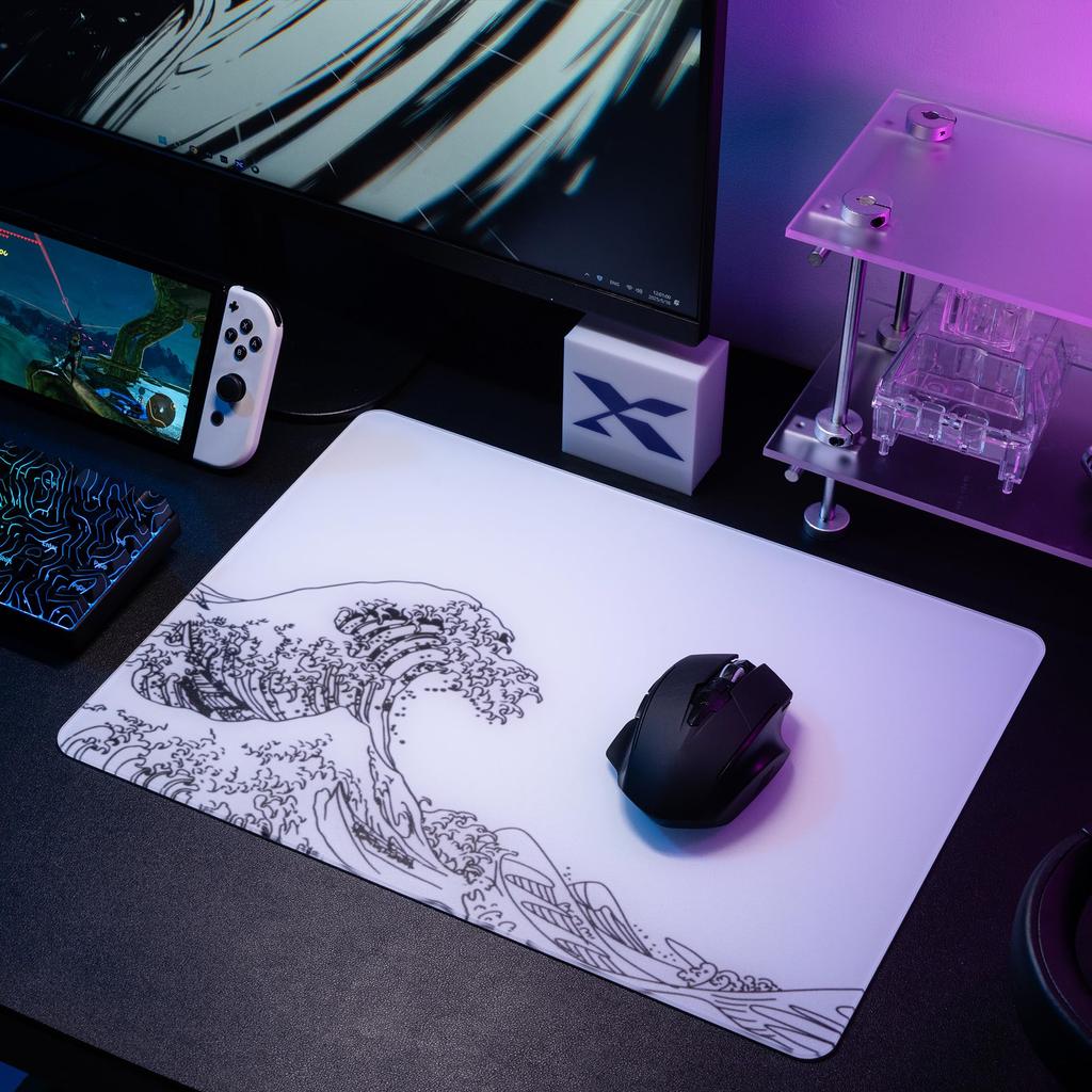 Glass Gaming Mouse Pad Black Kanagawa Pattern Hard Mouse Pad Professional Large Mouse Mat 410mm x 310mm Special Glass Surface for Improved Accuracy