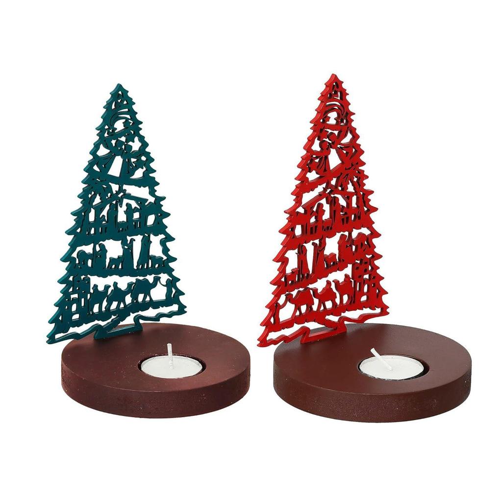 Jesus Krippe Weihnachtsbaum Teelicht Kerzenhalter(Set aus 2 Holz Rot Grün)Teelichthalter|Weihnachtsdekorationsartikel