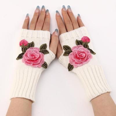 New Autumn Winter Women's Short Fashion Embroidered Flower Gloves Knitted Wool Sleeves Warm Mittens Fingerless Gloves Women