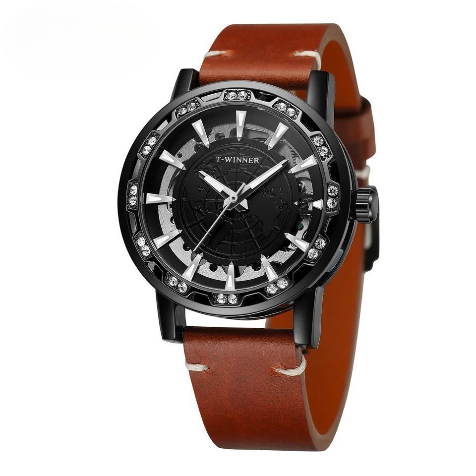 Erkek Moda Rahat Klasik Popüler Yapay Elmas İçi Boş Manuel Mekanik Saat İzle