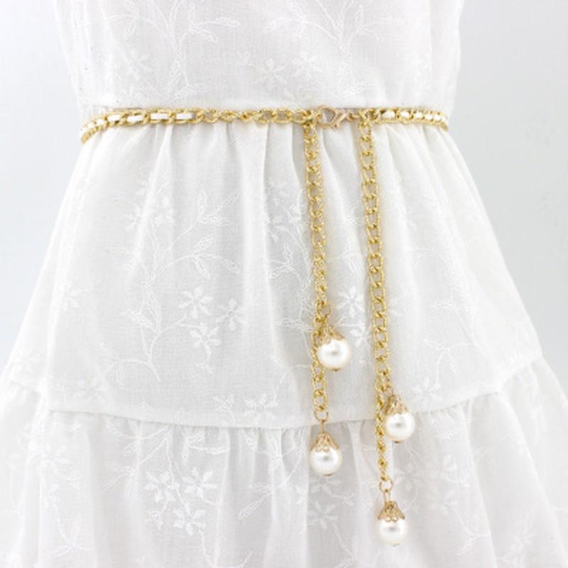 Fashion Elegant Ladies Pearl Waist Chain Metal Chain Belt Wild Waistband Women Dress Decoration Belts Slim Belt