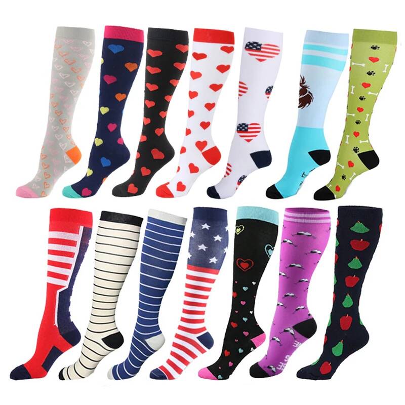 Compression Women Men Stockings Popular Love Pattern Stripe Lattice Star Compress Socks Running Sports Elastic Pressure