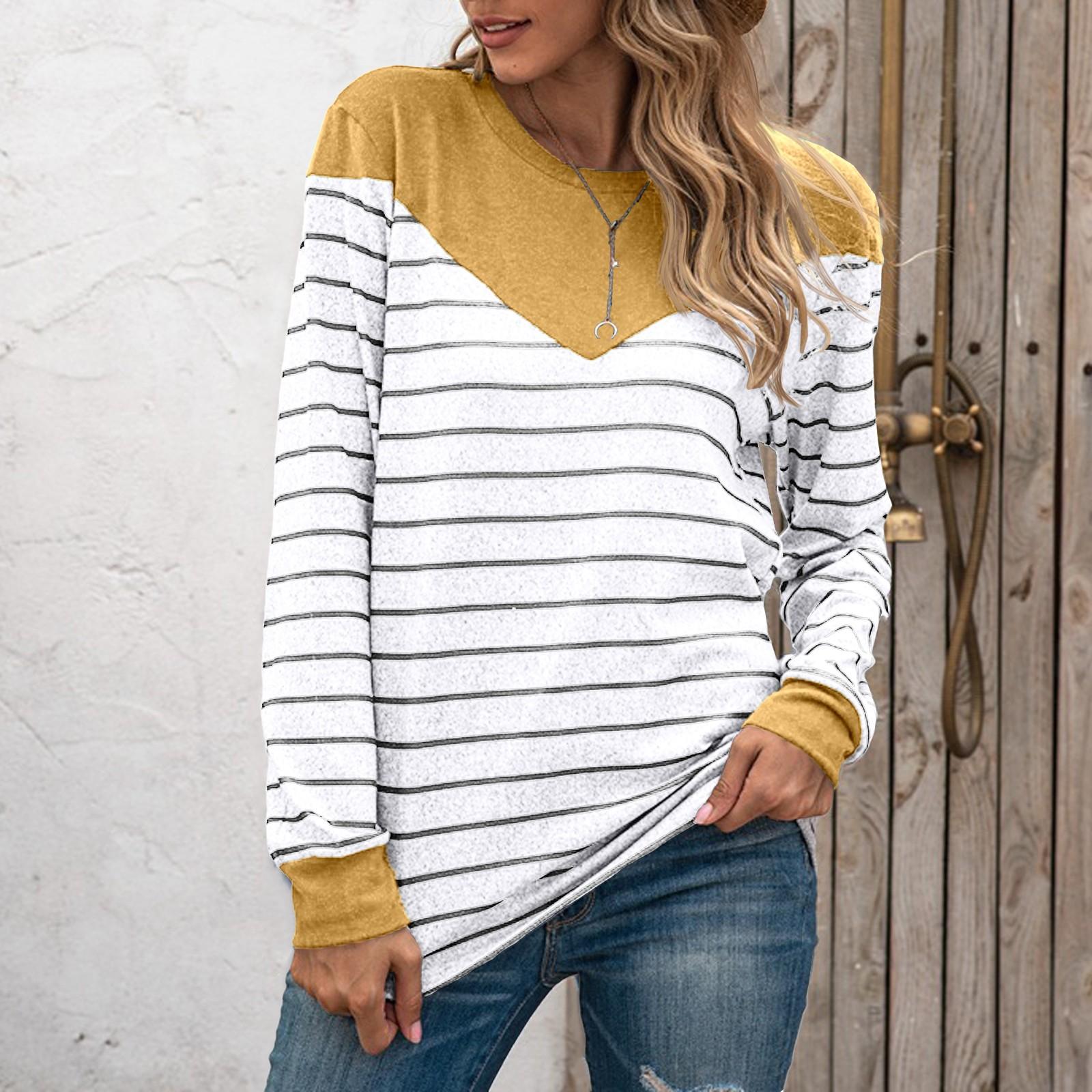 

Женская мода повседневная плюшевая круглая горловина с длинным рукавом в полоску XL жёлтый