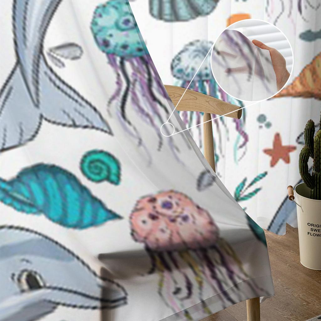Ocean Animals Dolphin Jellyfish Tulle Curtains For Living Room Kitchen Window Drapes Home Decor Sheer Curtain For Kids Bedroom