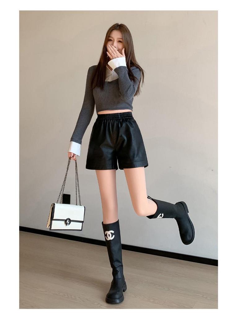 Women's PU Leather Wide-Leg A-line Shorts - Plus Size, Slimming, Five-Point, Spring & Autumn 2024