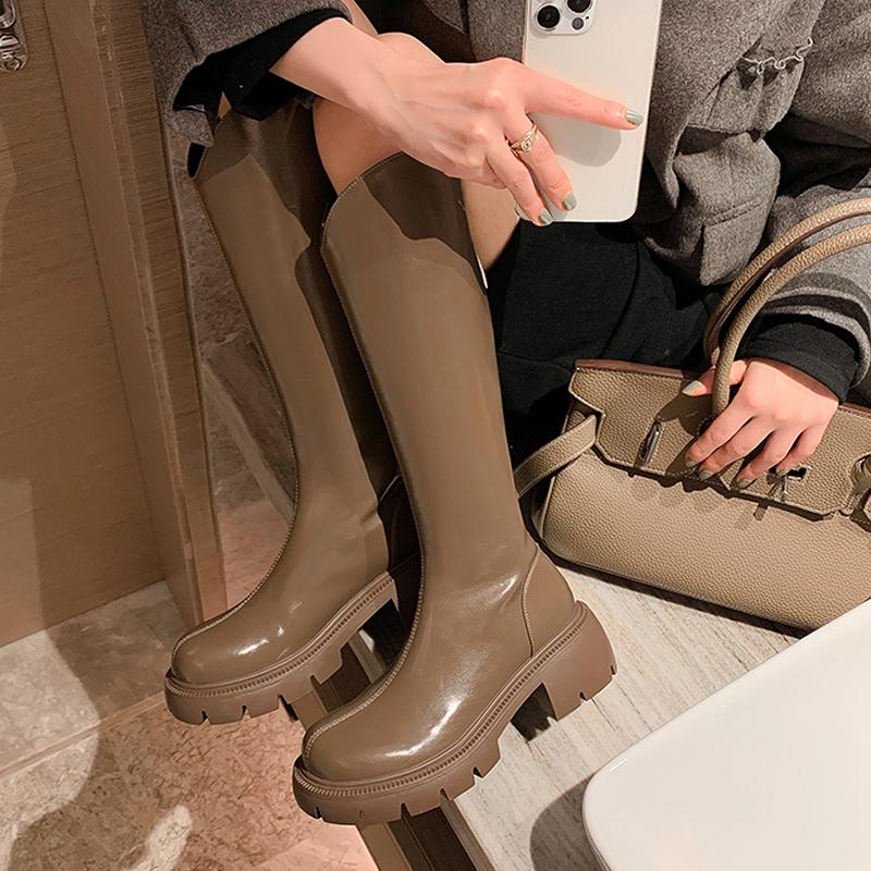

Женские высокие сапоги, весенне-осенние женские сапоги, водонепроницаемые сапоги до колена на платформе с круглым носком, современные сапоги из лакированной кожи 40 хаки