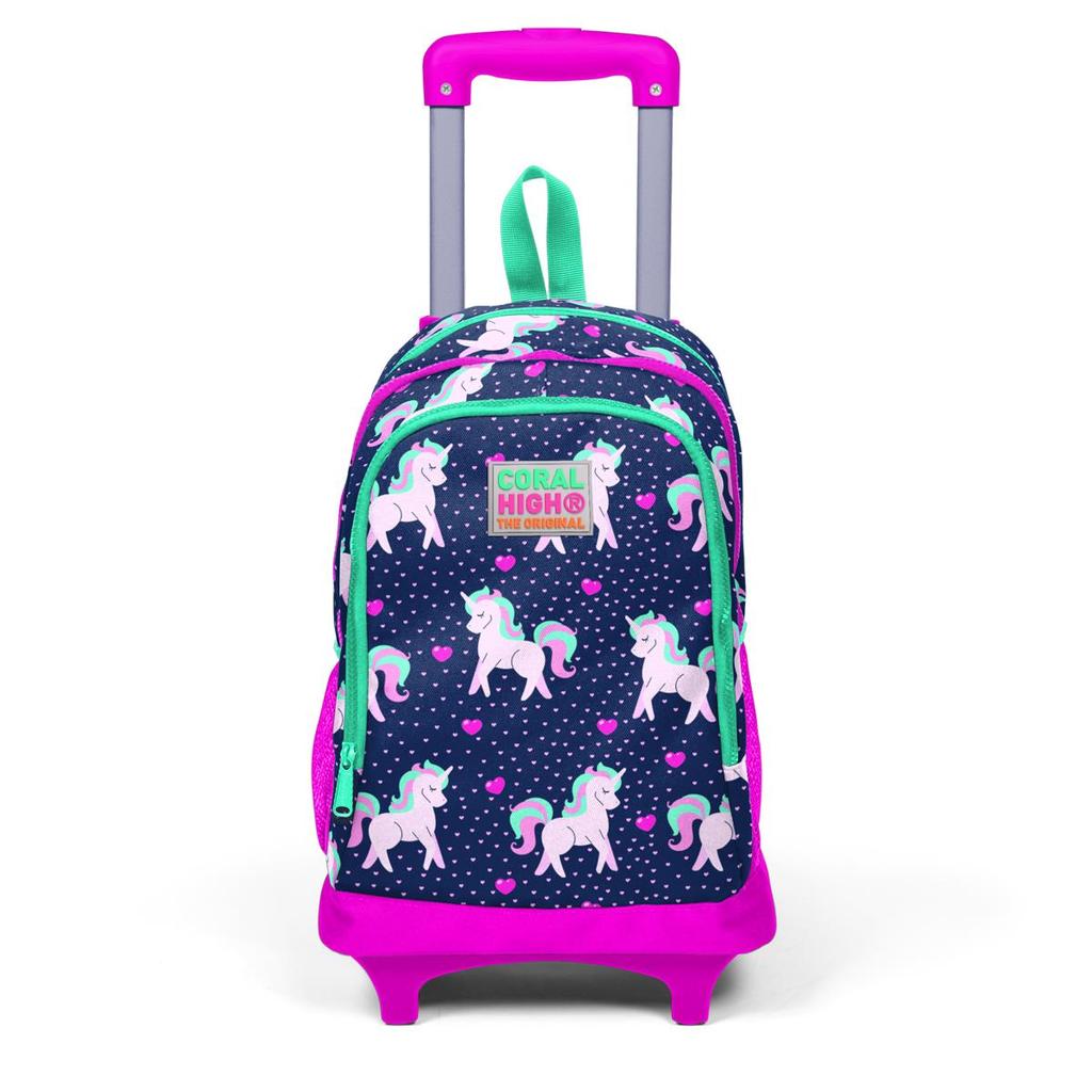 Coral High Kids Navy Blue Pink Unicorn Patterned Three-Compartment Squeegee Backpack 23366