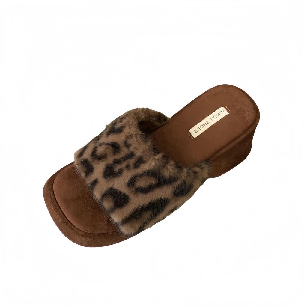 French fashion leopard print thick high-heeled cotton slippers women's 2025 autumn and winter new gentle square head one-word fluffy slippers