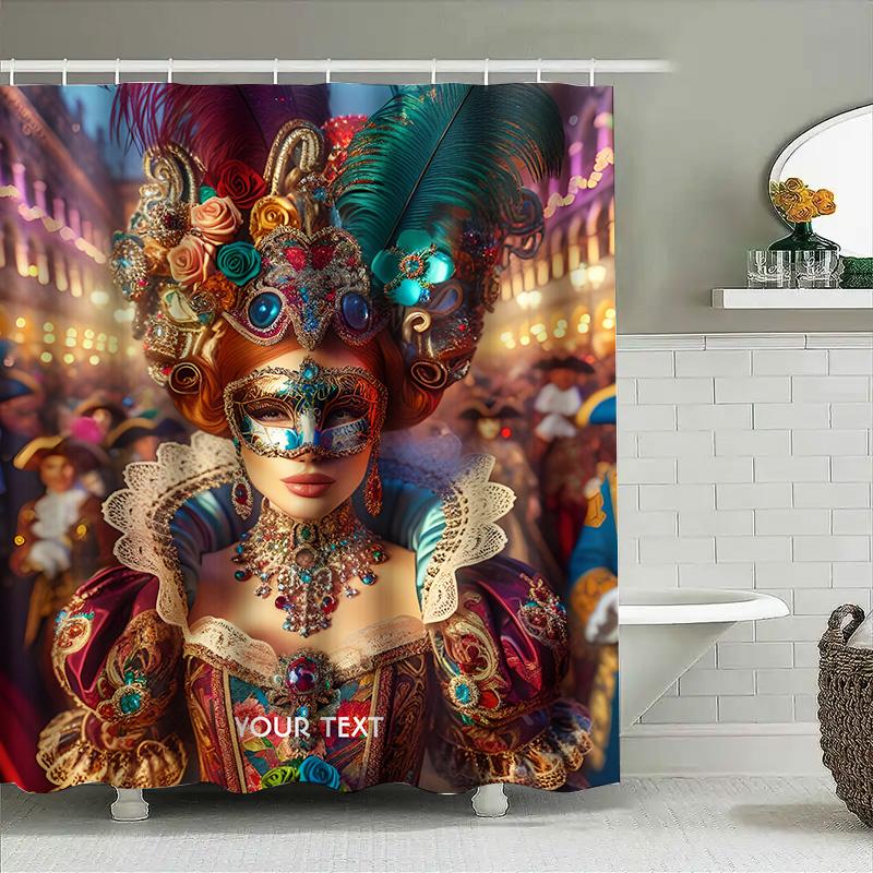 Vivid Carnival Mask Printed Shower Curtains For Bathroom Decor Customizable Text Option (Blue-Green)