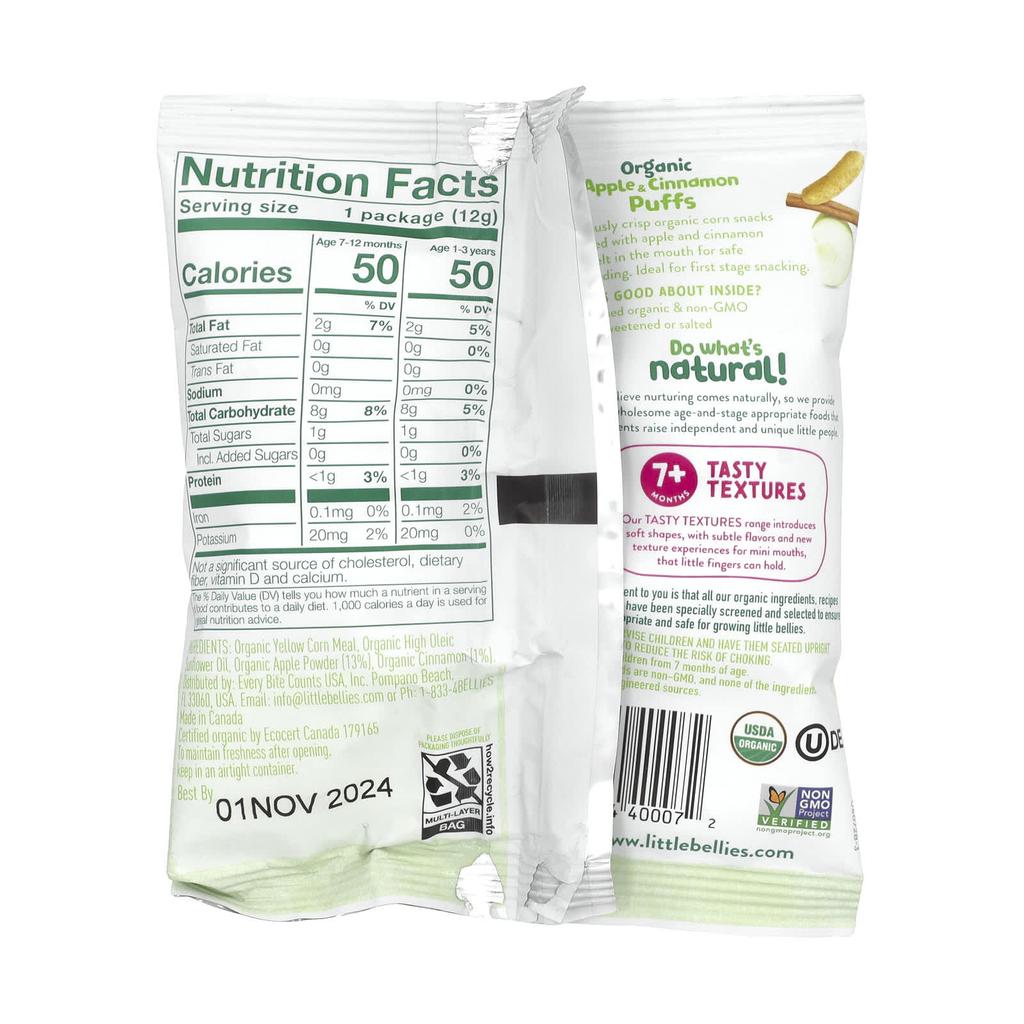 Little Bellies, Organic Apple & Cinnamon Puffs, 7 Months+, 18 Packs, 0.42 oz (12 g)