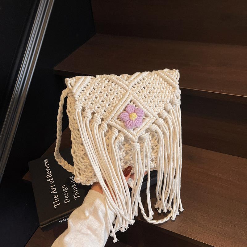 2026 Spring Women s Crossbody & Shoulder Tassel Bag - Versatile Woven Cotton Rope Design Standard грязно-белый