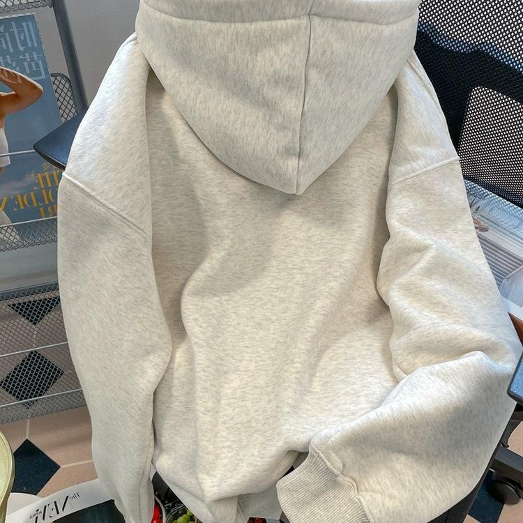 Men's White-Grey Thick Cotton Hooded Sweatshirt - Loose Fit, Versatile for Spring, Autumn, Winter - Couple's Jacket Top