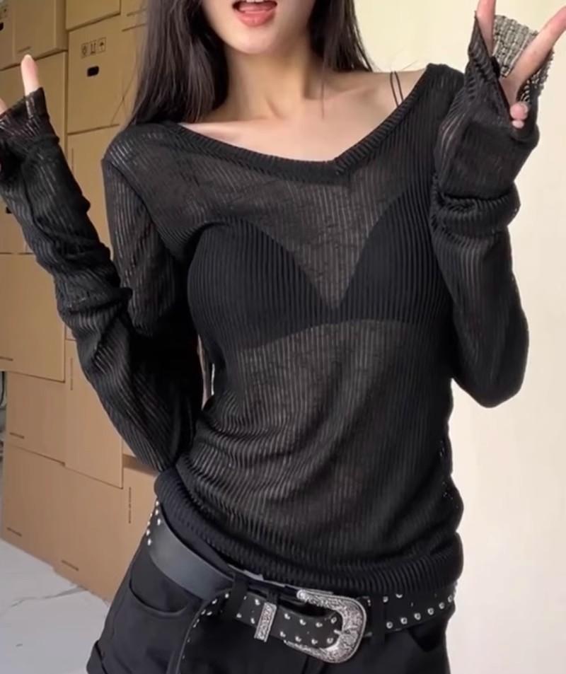 Mesh Long Sleeve Women Black T-shirts Vintage Streetwear Casual Slim Up Solid Tops Bottoming Shirt