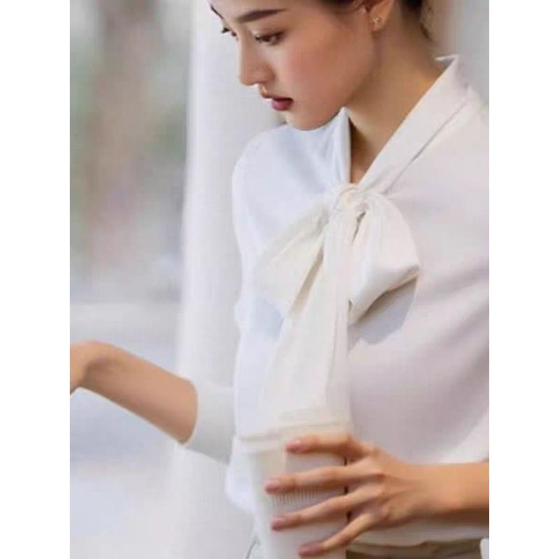 Autumn 2025 French Chic White Ribbon Bow Blouse for Women