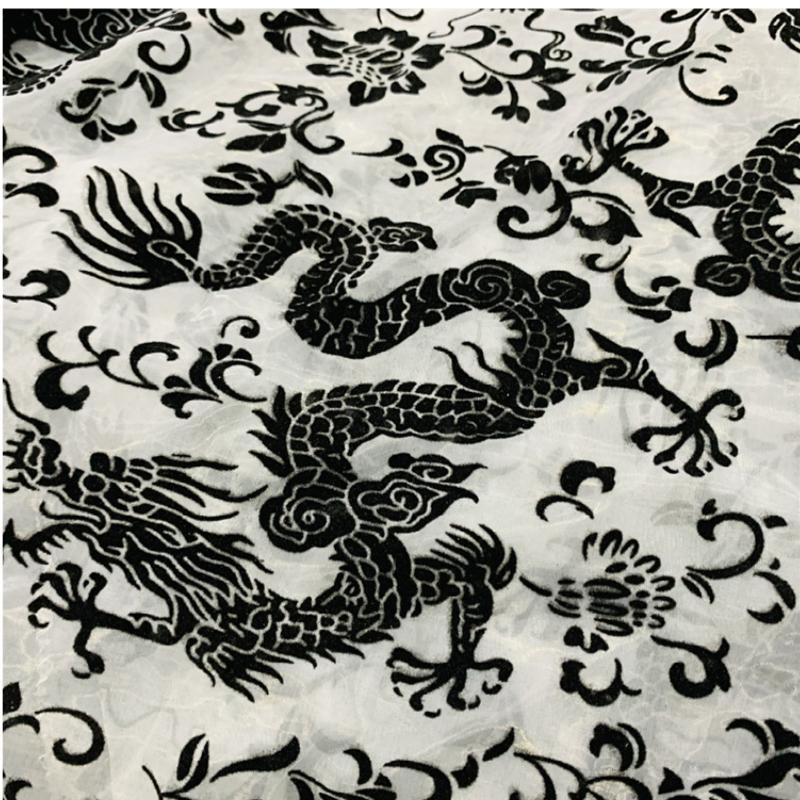 1yard Dragon Pattern Organza Flocking Fabric Flocked Yarn Gauze Fabrics for Chinese Style Material Dress Cheongsam Hanfu Scarf