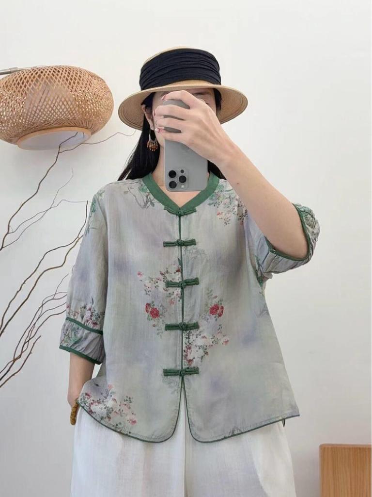 2026 Spring/Summer Women's Retro Ramie Printed Stand Collar 3/4 Sleeve Frog Button Cardigan Shirt