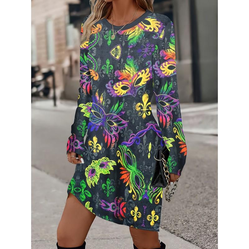 Womens Heart Print Round Neck Long Sleeve Plaid Patchwork Midi Dress Elegant Casual Office Wear