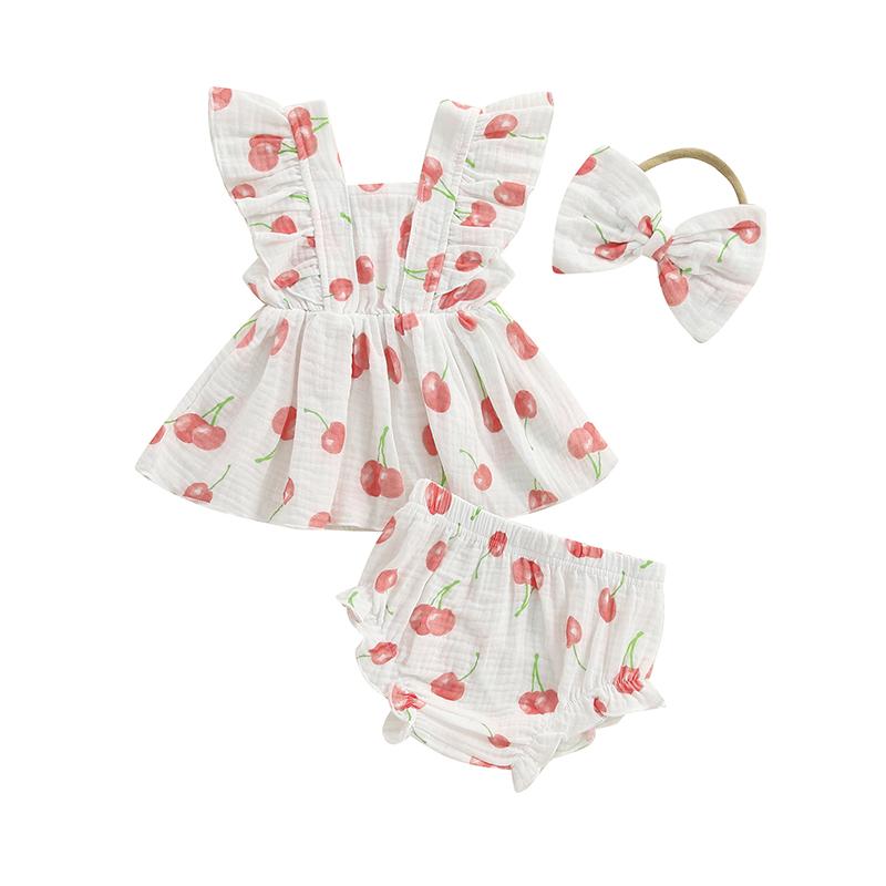 Newborn Baby Girl Summer Outfits Strawberry/Cherry/Lemon Print Fly Sleeve Tops Elastic Waist Shorts Headband 3Pcs Clothes Sets