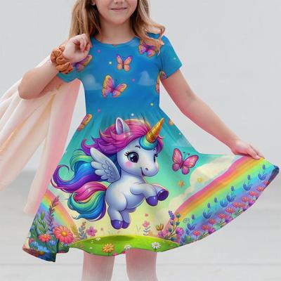 Summer Girls Dresses Unicorn Children Short Sleeve Dress Cartoon Toddlers Casual Straight Dresses Kids Clothing 3-12 Year