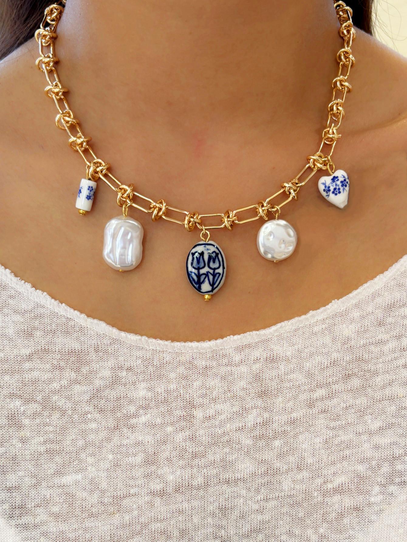 Charm Tulip Ceramic Shaped Imitation Pearl Pendant Stainless Steel Necklace Women Creative Design Collarbone Necklace Jewelry золотистый