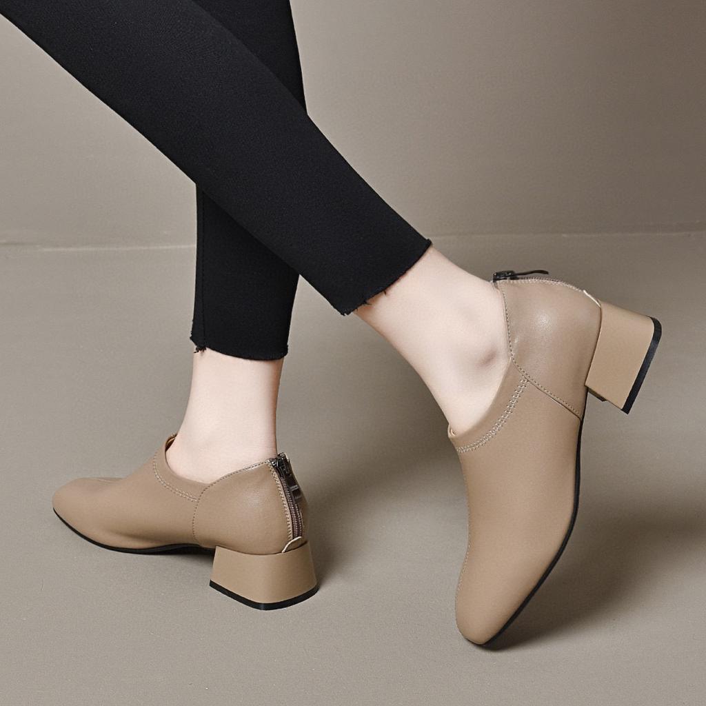 Square Head Deep Mouth Single Shoes Women's Spring New Thick Heel Sheepskin Simple Temperament Rear Zipper Women's Shoes Net Version Ankle Shoes