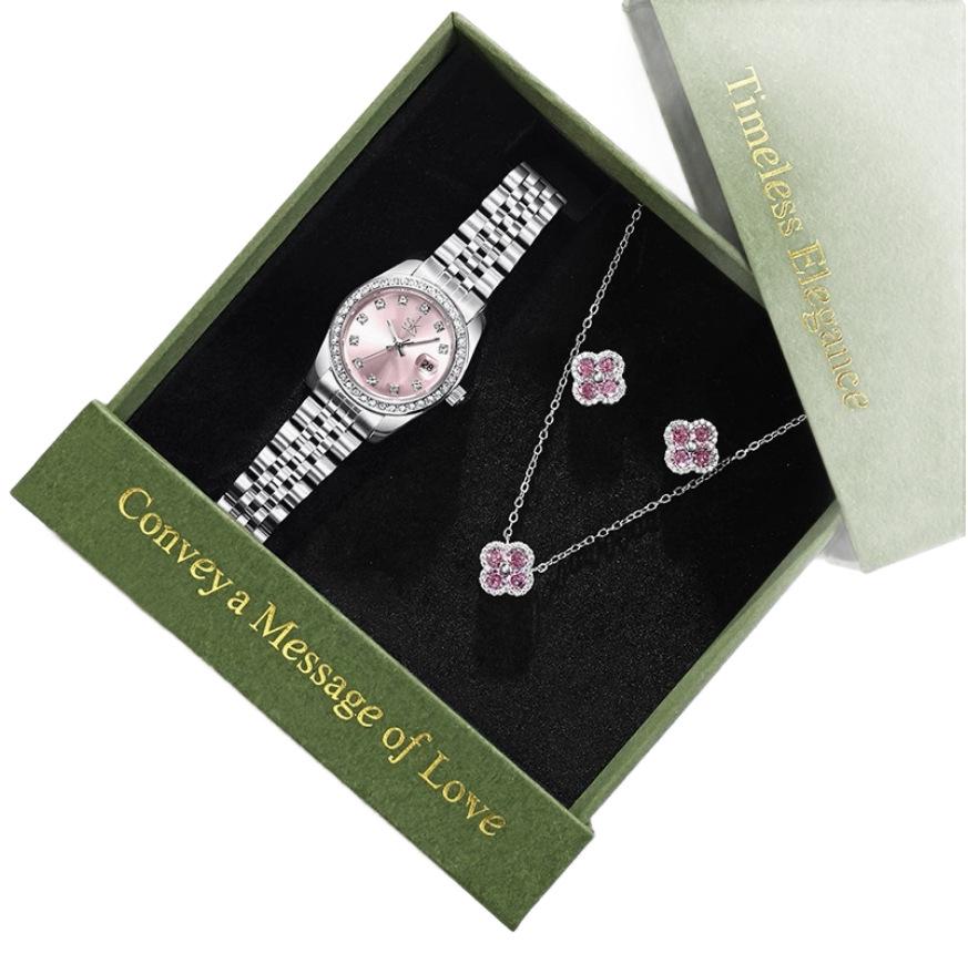 Women's Diamond Watch Set: Elegant Quartz Watch, Necklace & Earrings for Valentine's Day, Gift Box Included