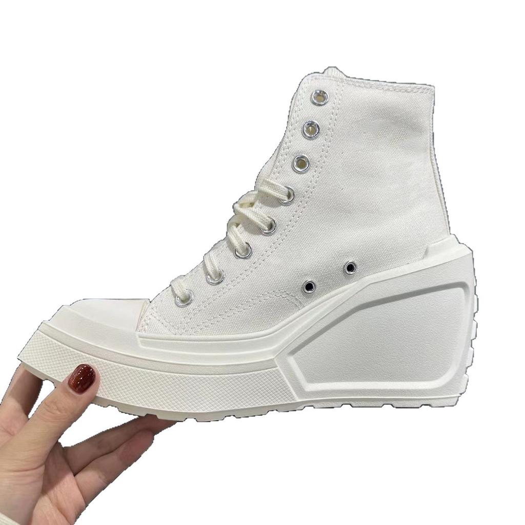 Modische High-Top Canvas-Schuhe mit Blockabsatz für Damen 2025, mit runder Spitze, zum Schnüren, vielseitig, höhenverstärkend, mit dicker Sohle, High-Top-Schuhe