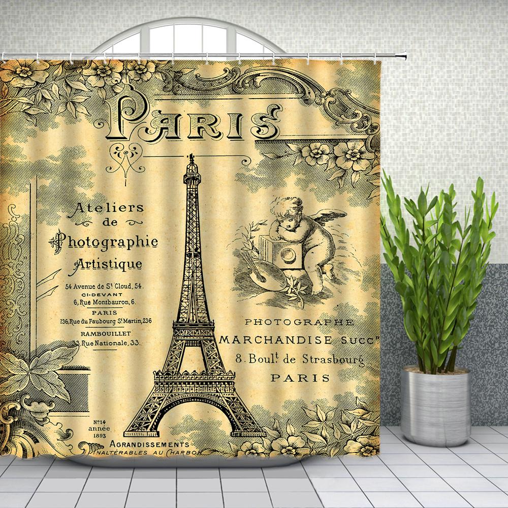 Nordic Retro Paris Tower Printed Shower Curtain With Hooks For Waterproof Polyester Fabric Bathtub Curtains Bathroom Decor