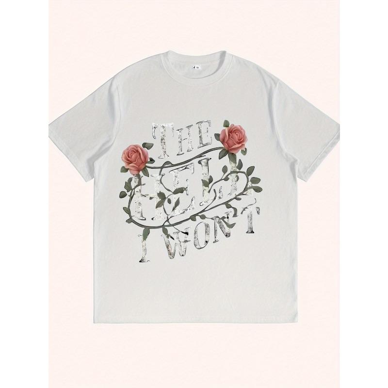 Women's Plus Size Round Neck Short Sleeve T-Shirt Easter Rose Print The Hell I Won't Casual Streetwear Home Top Black White