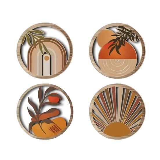 4 шт. Деревянное круглое бохо настенное искусство Богемский круглый настенный декор Вырезанный A