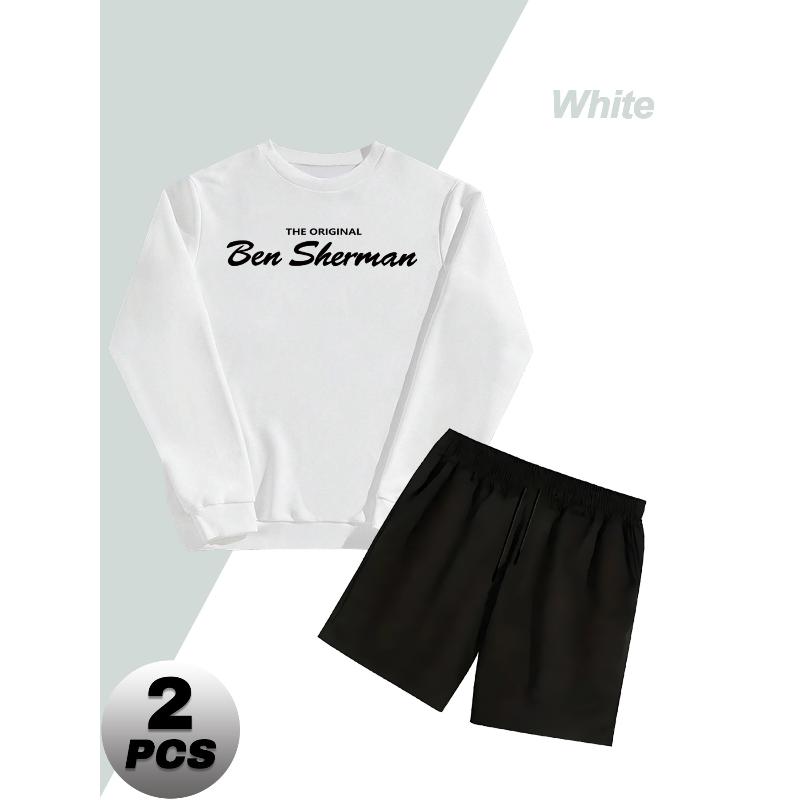 

Men s Crew Neck Polyester Sweatshirt and Shorts 2 Piece Tracksuit Wrinkle Resistant Easy Care Casual Outfit XXL білий
