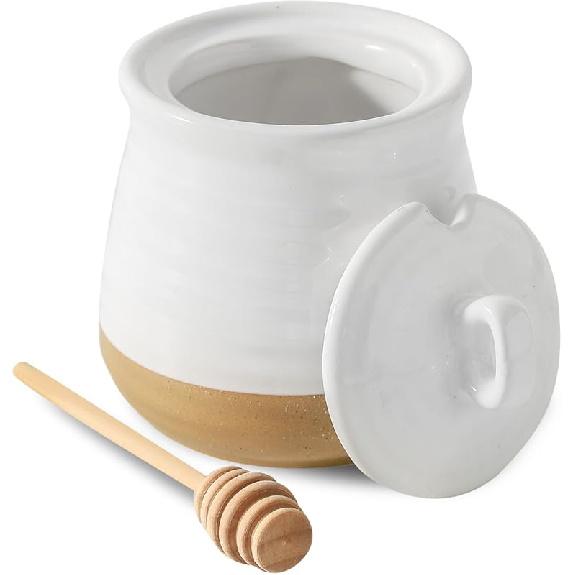 Ceramic 12 Ounce Honey Jar and Dipper Set,Porcelain Honey Pot with Lid and Wooden Dipper,Cute Honey Containers for Party,Holiday,Halloween