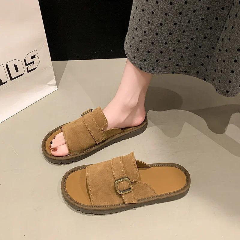 Summer Women Suede Leather Flat Slippers Plus Size Buckle Non-Slip Sandals Casual Breathable Woman Fashion Platform Shoes