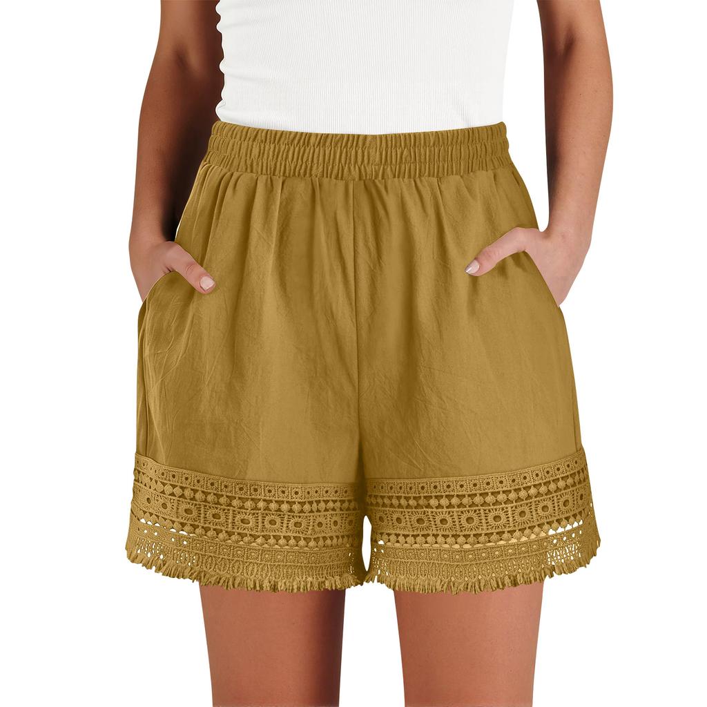 Women’s High Waist Elastic Shorts with Crochet Lace Trim Loose Fit Lightweight Summer Casual Shorts with Pockets