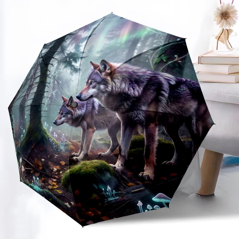 1pc Sturdy 8-Bone Auto Umbrella, Wolf Star Umbrella, Digital Printed, Foldable Umbrella for On-the-Go Outdoor Use