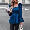 Women's Autumn Winter Square Neck Puff Sleeve Edible Tree Fungus Solid Color Shirt Blouses Temperament Commuter Tie Top