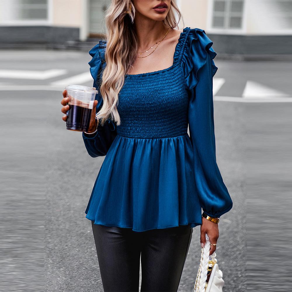 Women's Autumn Winter Square Neck Puff Sleeve Edible Tree Fungus Solid Color Shirt Blouses Temperament Commuter Tie Top