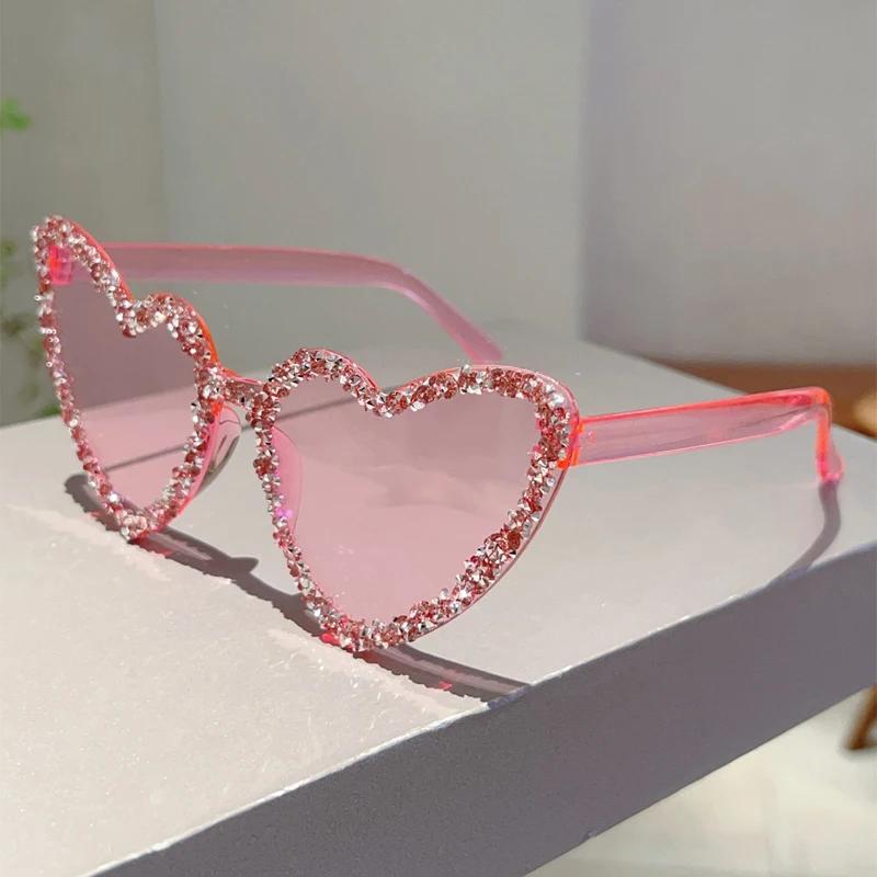 KAMMPT Heart Shaped Sunglasses with Rhinestones Women Stylish Candy Color Beach Rave Shades Trendy Sweet Handmade Sun Glasses