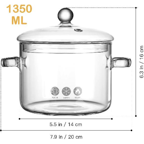 Hemoton Clear Glass Simmer Pot with Lid Borosilicate Cooking Pot for Pasta, Soup, Milk Electric Simmer Pot for Home Glass Stew Pot 1350ml