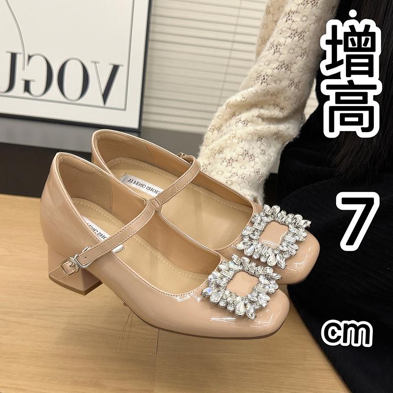 Coarse heel inner height increase 7CM French Mary Jane single shoes women's 2025 spring new square buckle rhinestone small high heels